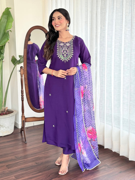 Elegant Pure Viscose Chanderi Silk Embroidary Suit Set