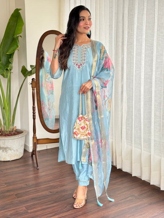 Elegant Pure Chanderi Silk Embroidary Suit Set