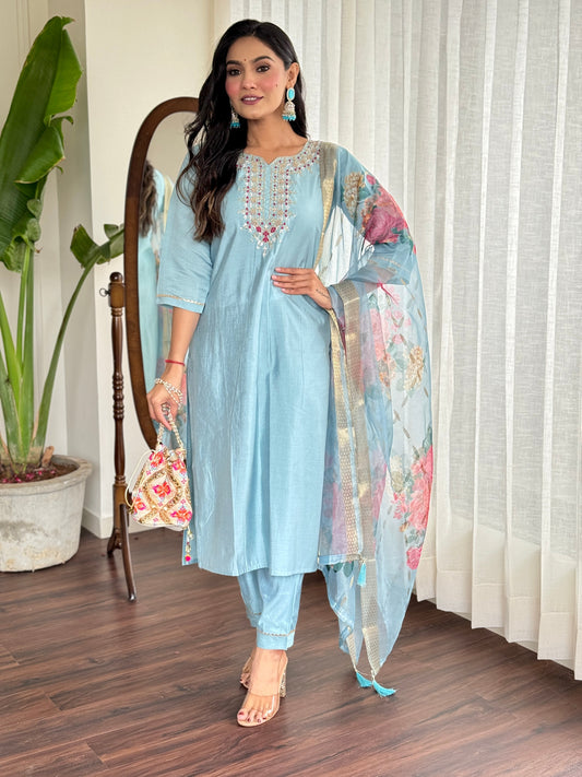 Elegant Pure Chanderi Silk Embroidary Suit Set