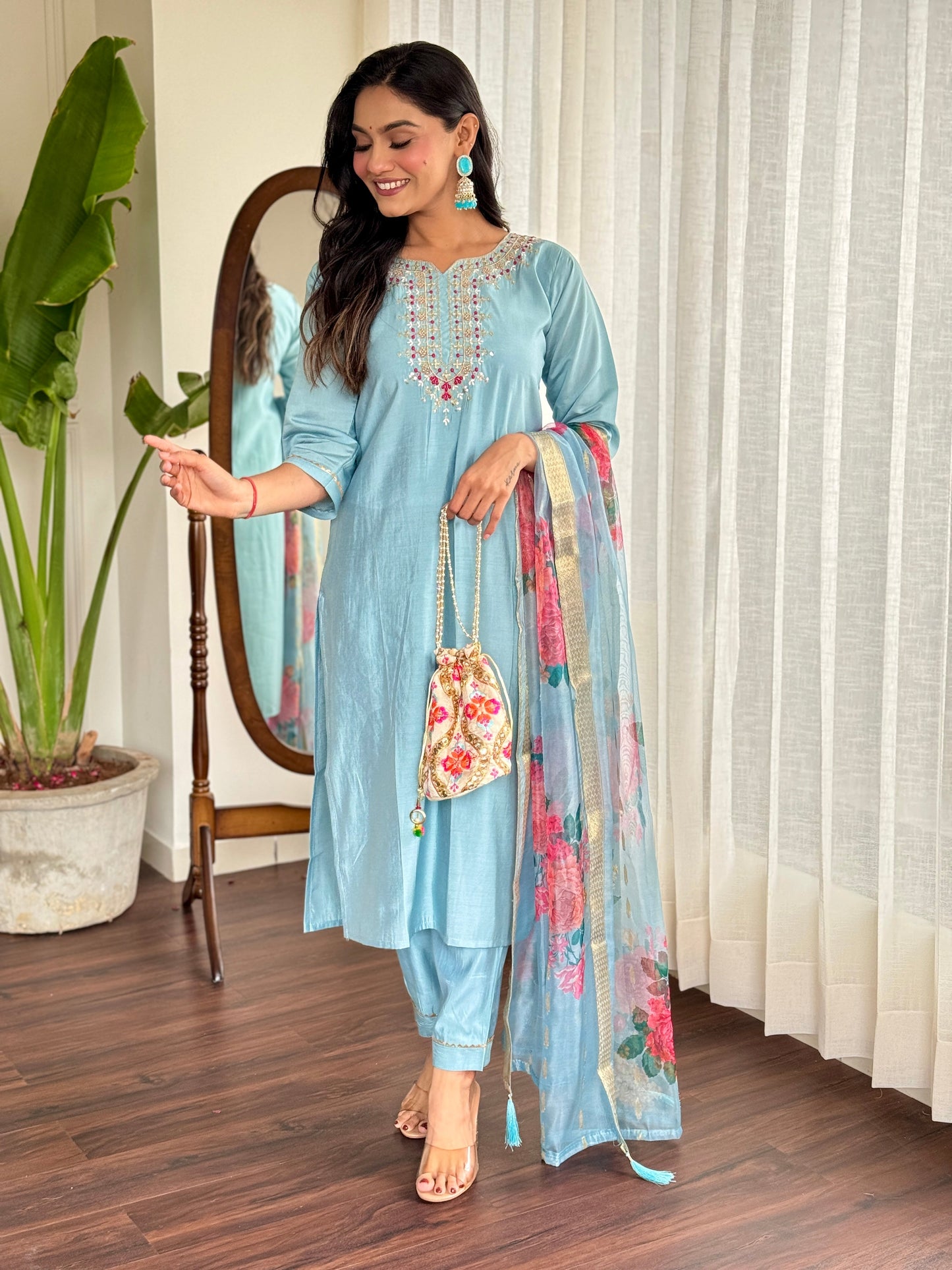 Elegant Pure Chanderi Silk Embroidary Suit Set