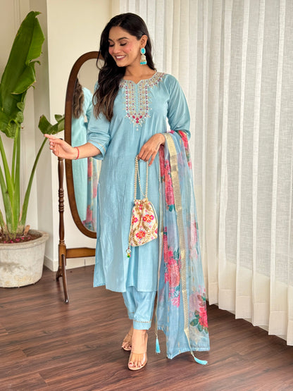 Elegant Pure Chanderi Silk Embroidary Suit Set