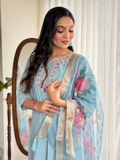 Elegant Pure Chanderi Silk Embroidary Suit Set