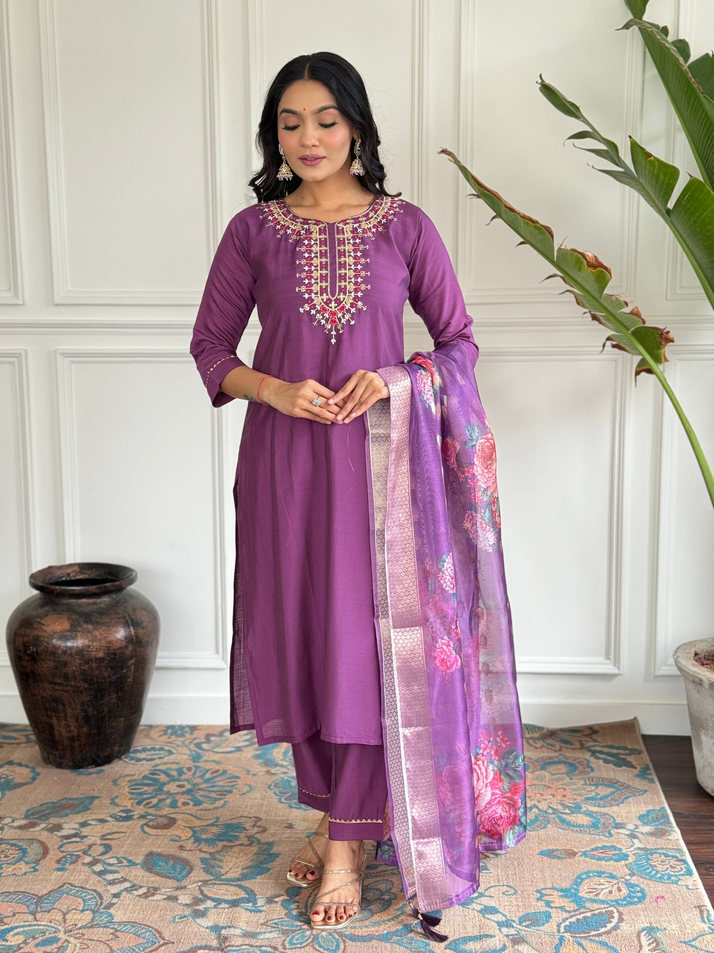 Elegant Pure Chanderi Silk Embroidary Suit Set