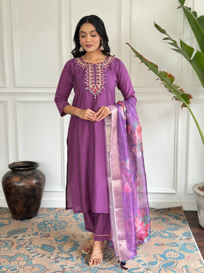 Elegant Pure Chanderi Silk Embroidary Suit Set