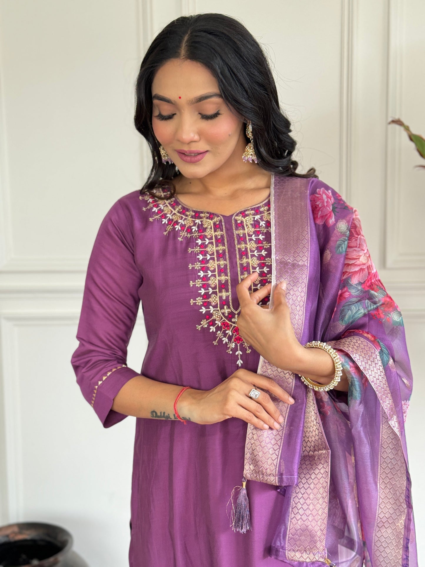 Elegant Pure Chanderi Silk Embroidary Suit Set