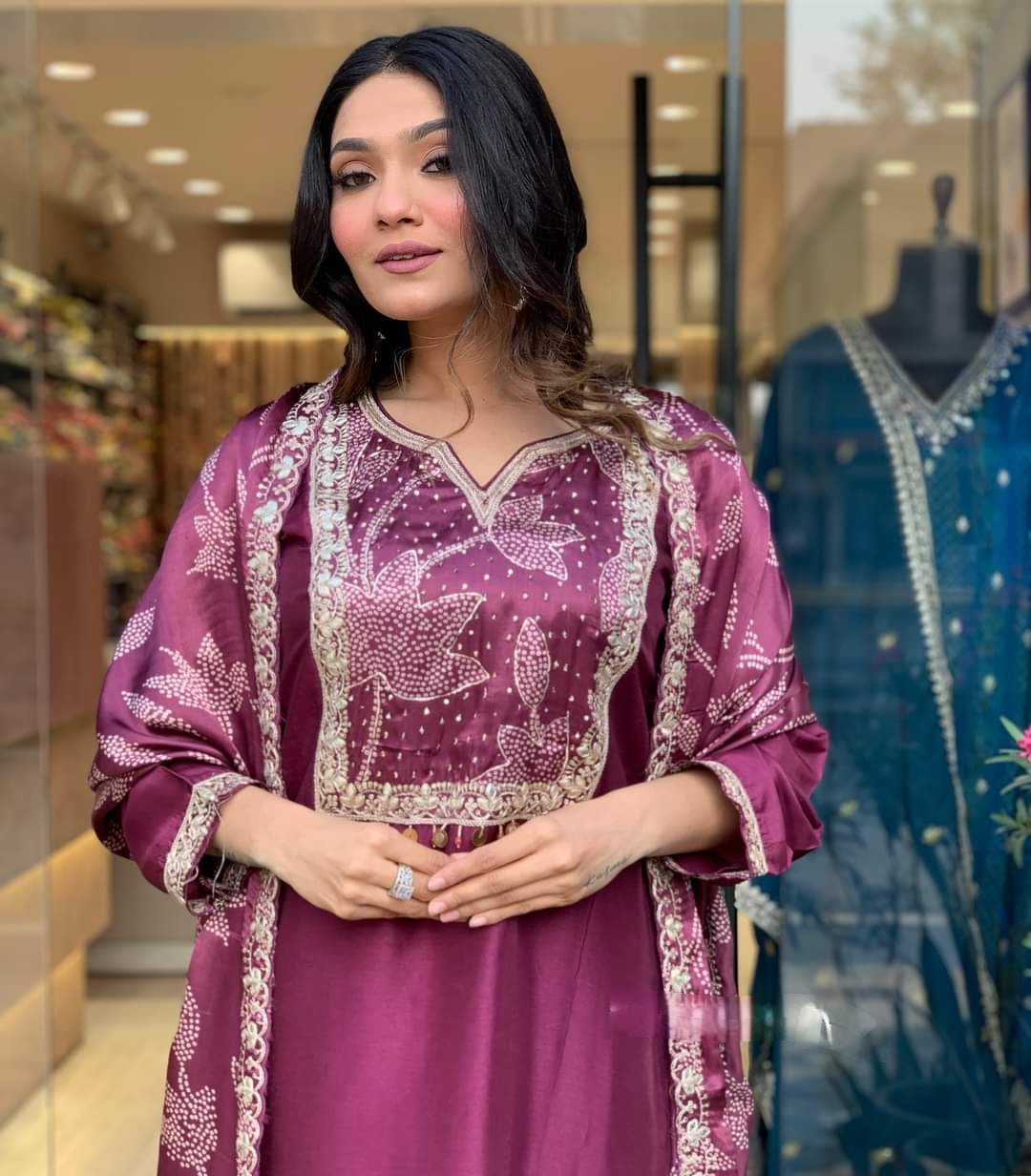Beautiful Viscose Chanderi Embroidary Suit Set
