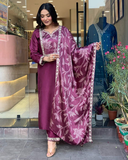 Beautiful Viscose Chanderi Embroidary Suit Set