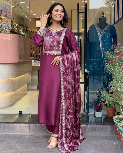 Beautiful Viscose Chanderi Embroidary Suit Set