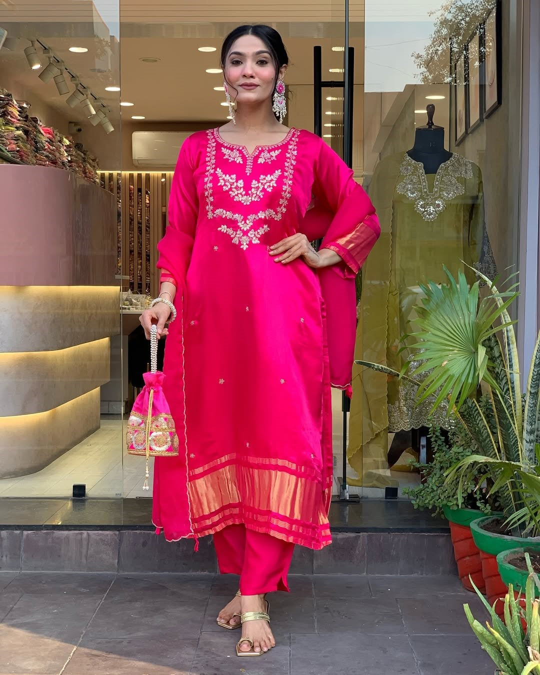 Beautiful Viscose Ladgi Patta Embroidery Suit Set