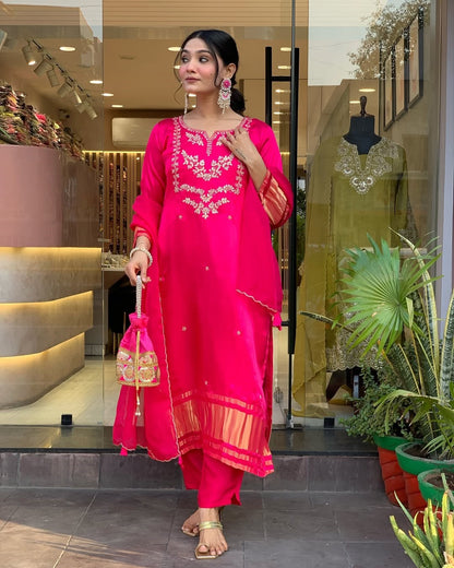 Very Pretty Viscose Silk Suit Set With Lagdi Patta