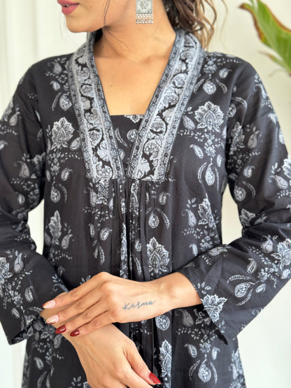 Bucolic Black Pure Cotton Block Print Suit Set