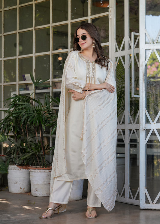 Trendy Viscose Chanderi Embroidery Suit Set With Jequard Dupatta