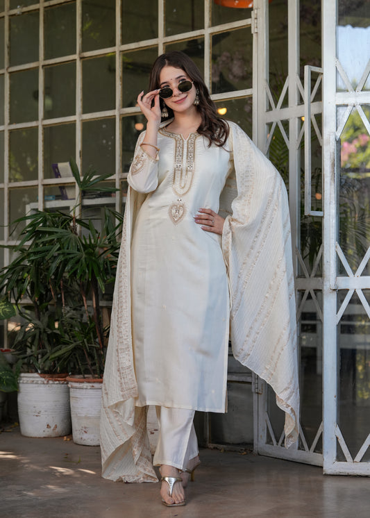 Trendy Viscose Chanderi Embroidery Suit Set With Jequard Dupatta