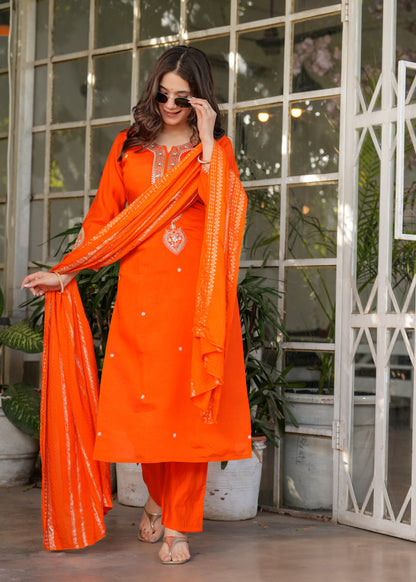 Trendy Viscose Chanderi Embroidery Suit Set With Jequard Dupatta