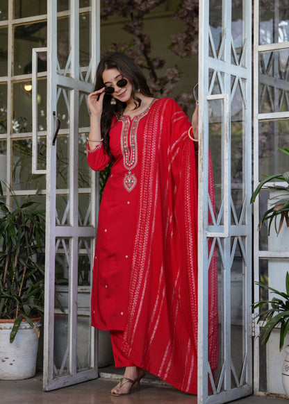 Trendy Viscose Chanderi Embroidery Suit Set With Jequard Dupatta