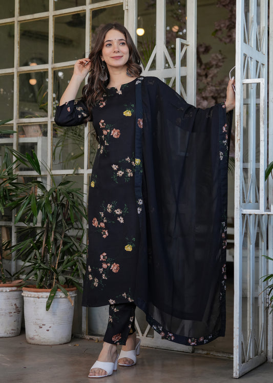 Attractive Black Silk Fabric Printed Suit Set