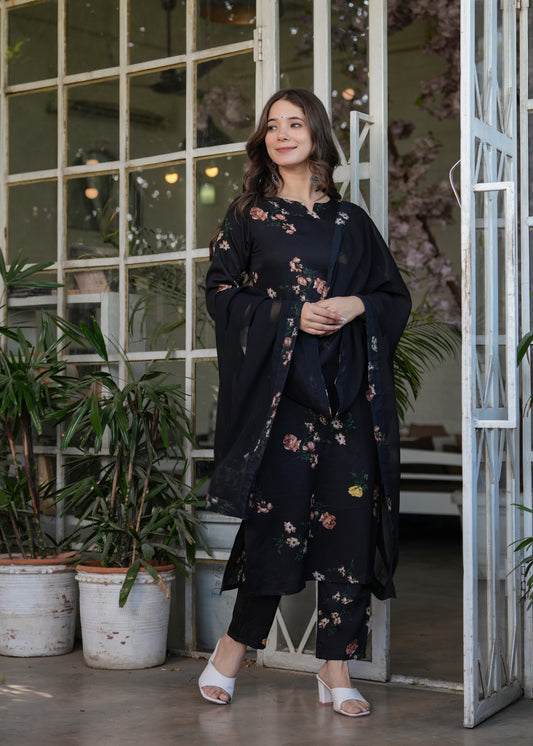 Attractive Black Silk Fabric Printed Suit Set