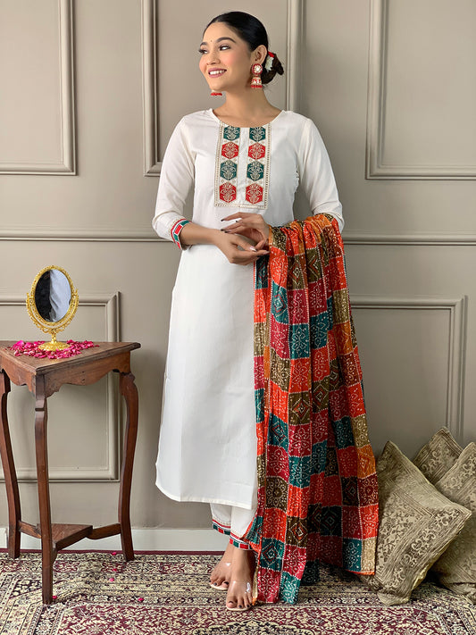 Mellifluous Off White Viscose Silk Embroidery Suit Set