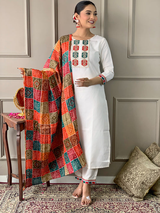 Mellifluous Off White Viscose Silk Embroidery Suit Set