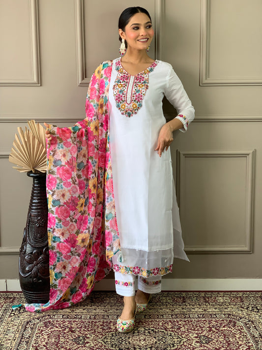 Mellifluous Off White Chanderi Silk Embroidery Suit Set