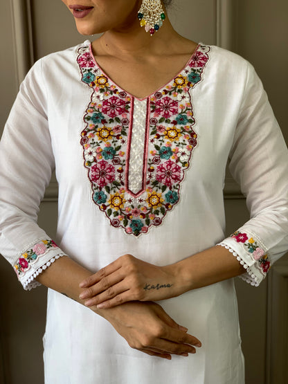 Mellifluous Off White Chanderi Silk Embroidery Suit Set