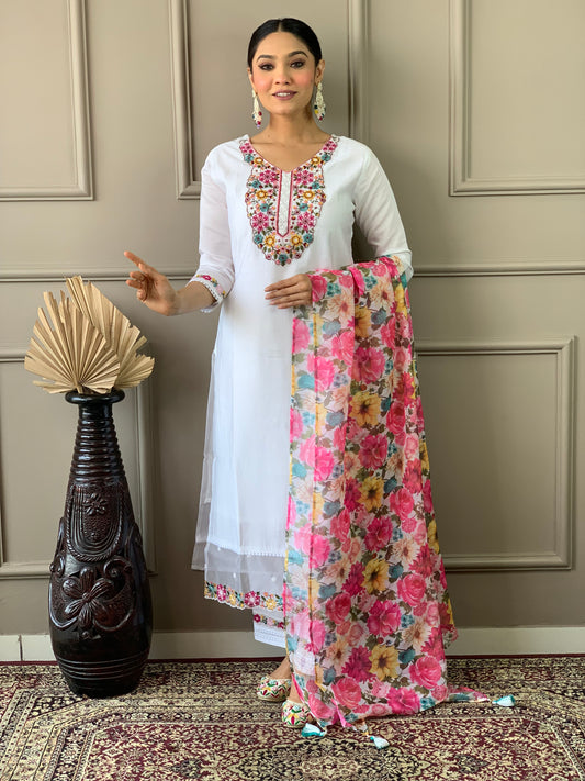 Mellifluous Off White Chanderi Silk Embroidery Suit Set