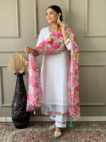 Mellifluous Off White Chanderi Silk Embroidery Suit Set