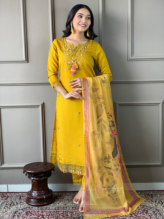 Trending Pure Chanderi Silk Designer Suit Set With Stylish Dupatta