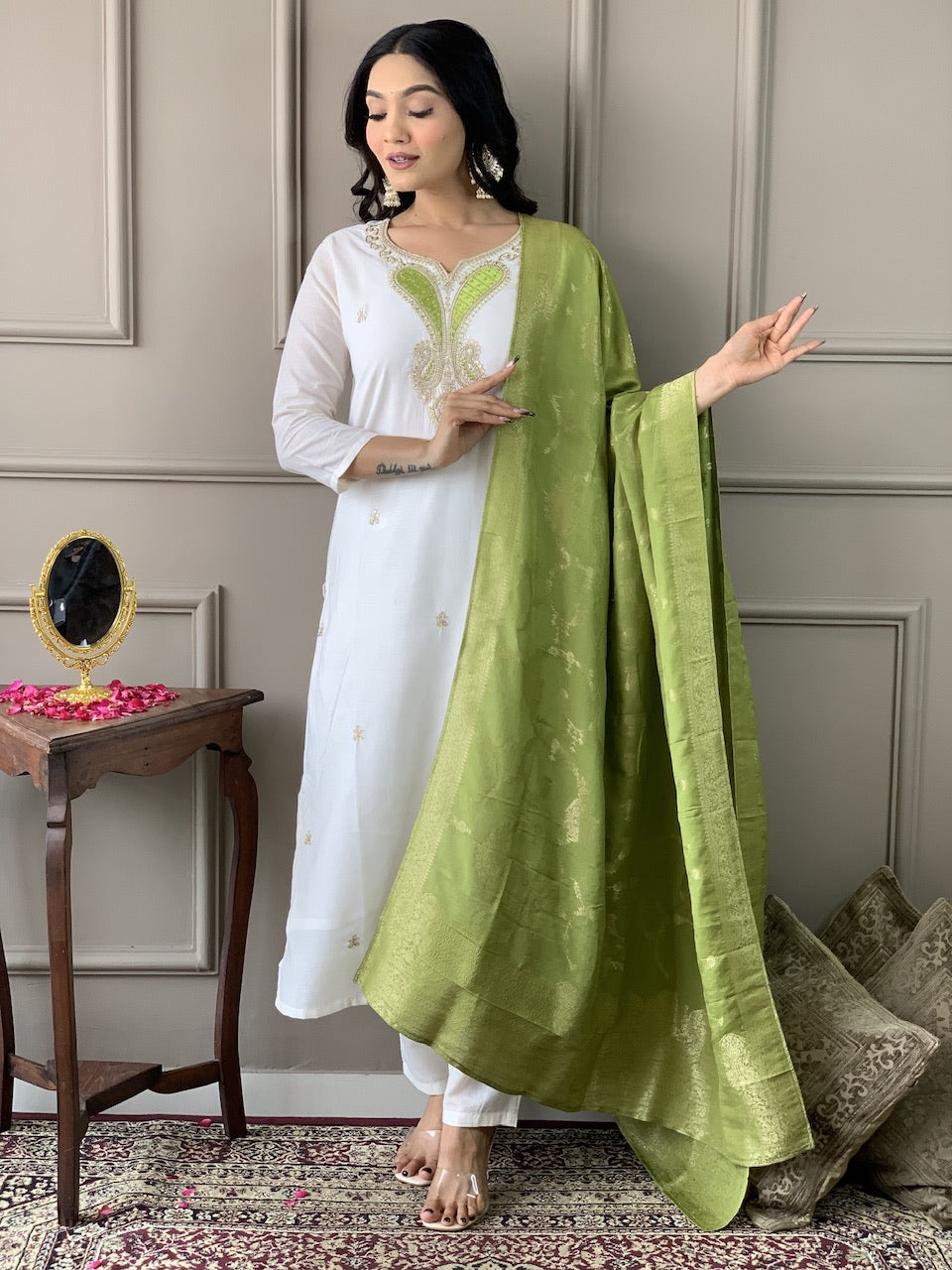 Refreshing White Viscose Blend Embroidery Suit Set