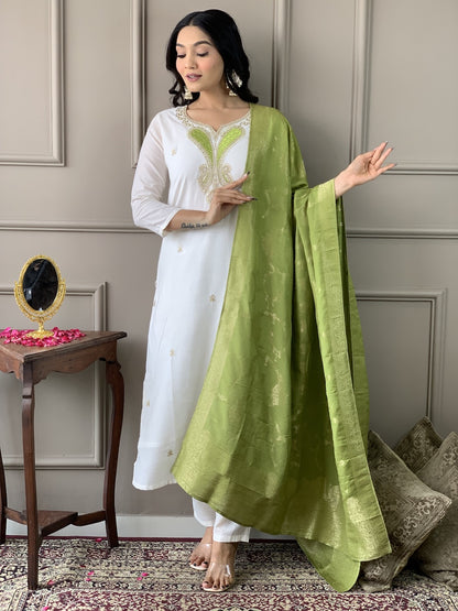 Refreshing White Viscose Blend Embroidery Suit Set