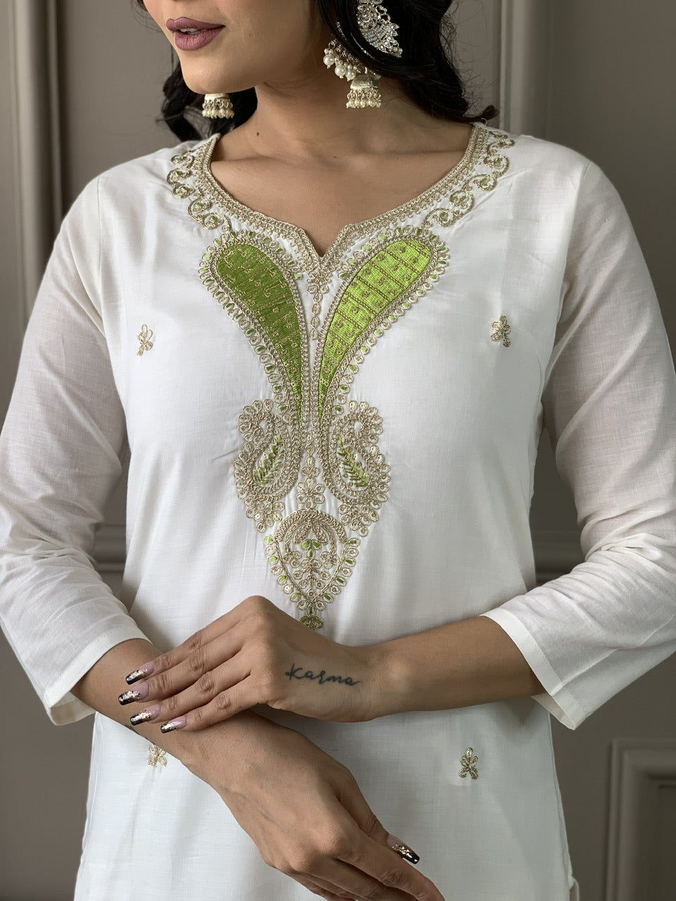 Refreshing White Viscose Blend Embroidery Suit Set