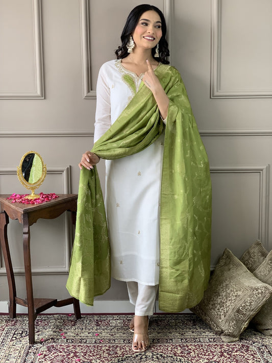 Refreshing White Viscose Blend Embroidery Suit Set