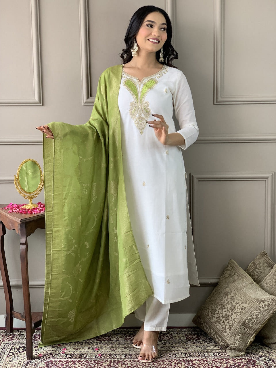 Refreshing White Viscose Blend Embroidery Suit Set