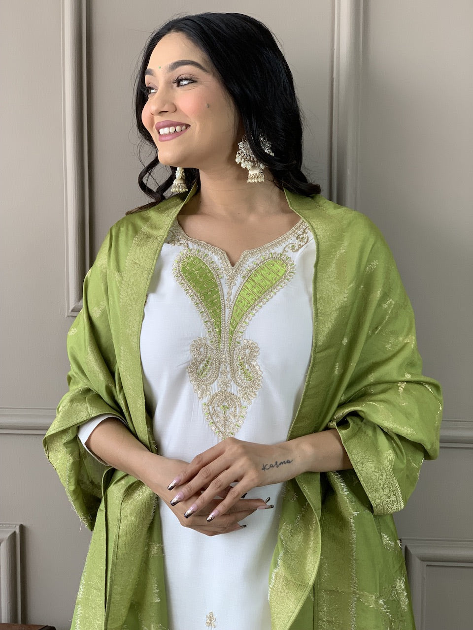 Refreshing White Viscose Blend Embroidery Suit Set