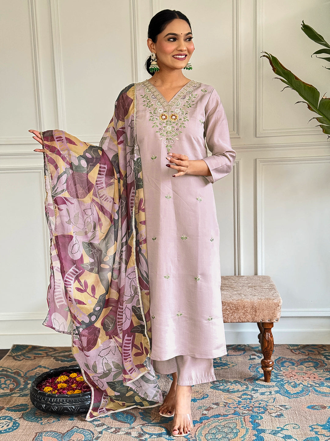 Denouement Beige Chanderi Silk Embroidery Suit Set