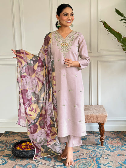 Denouement Beige Chanderi Silk Embroidery Suit Set