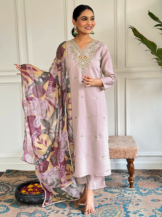 Denouement Beige Chanderi Silk Embroidery Suit Set