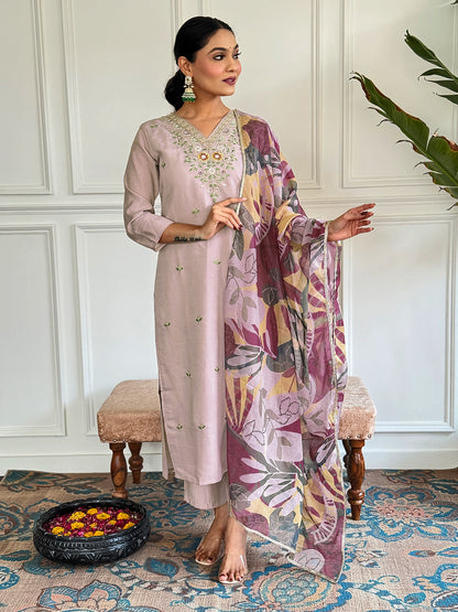 Denouement Beige Chanderi Silk Embroidery Suit Set