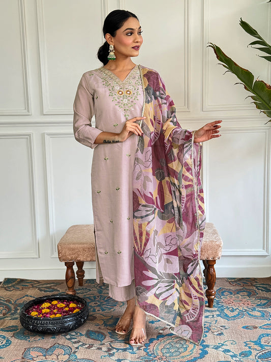 Denouement Beige Chanderi Silk Embroidery Suit Set