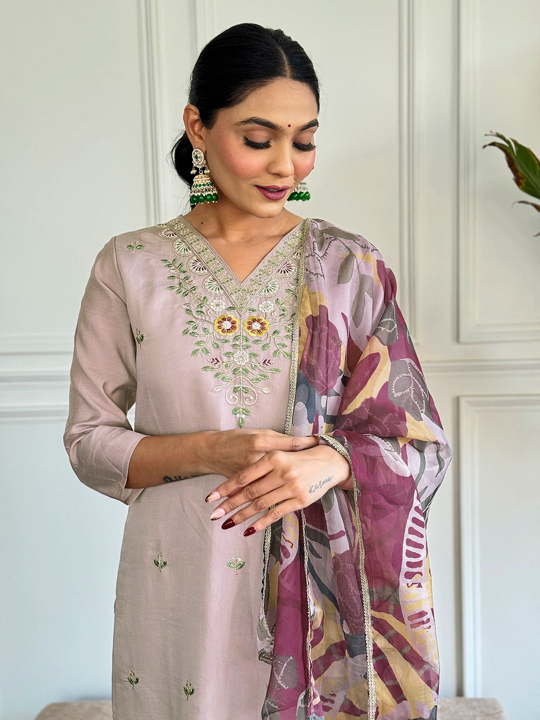Denouement Beige Chanderi Silk Embroidery Suit Set