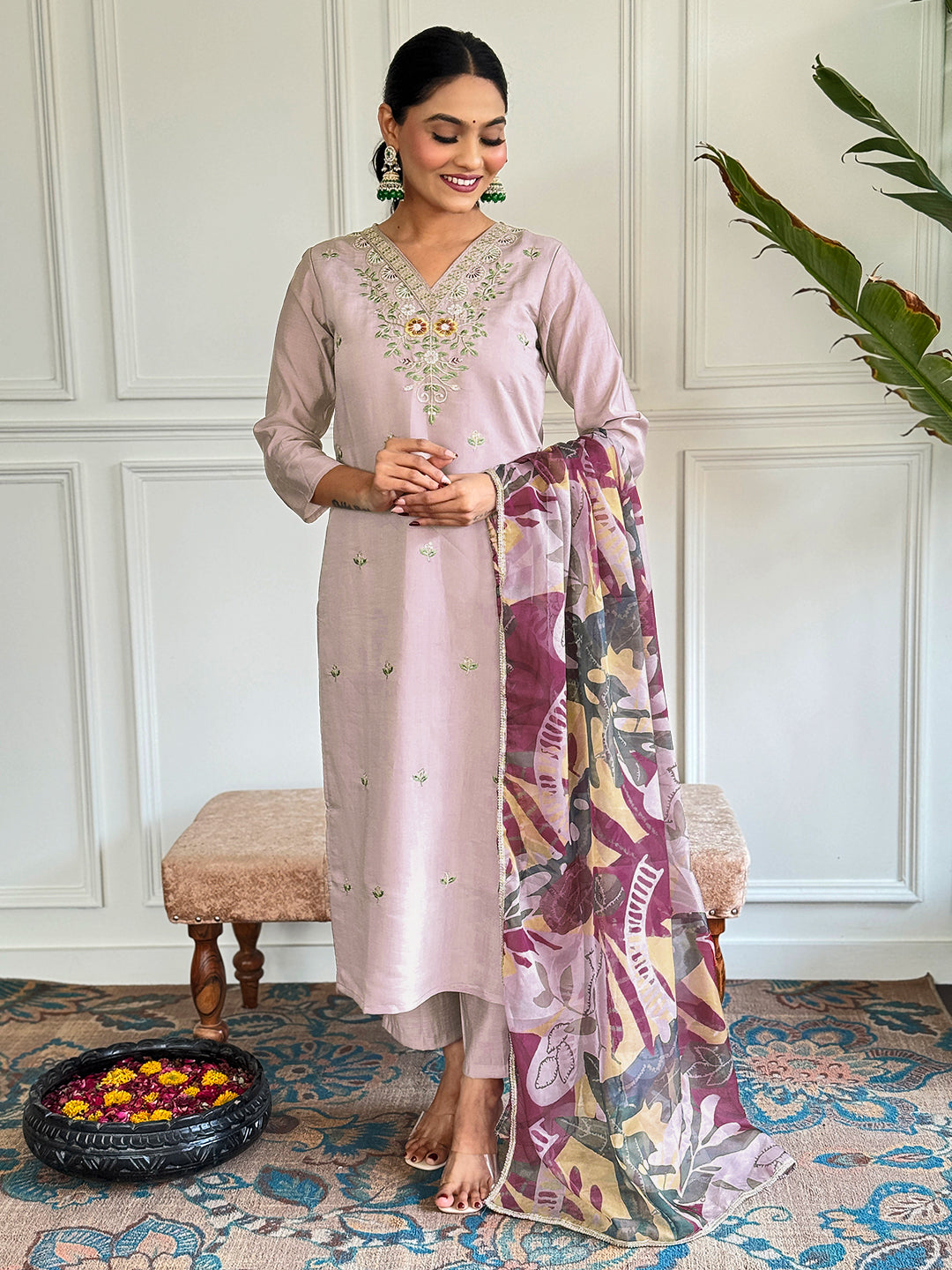 Denouement Beige Chanderi Silk Embroidery Suit Set