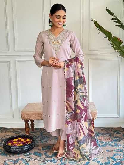 Denouement Beige Chanderi Silk Embroidery Suit Set