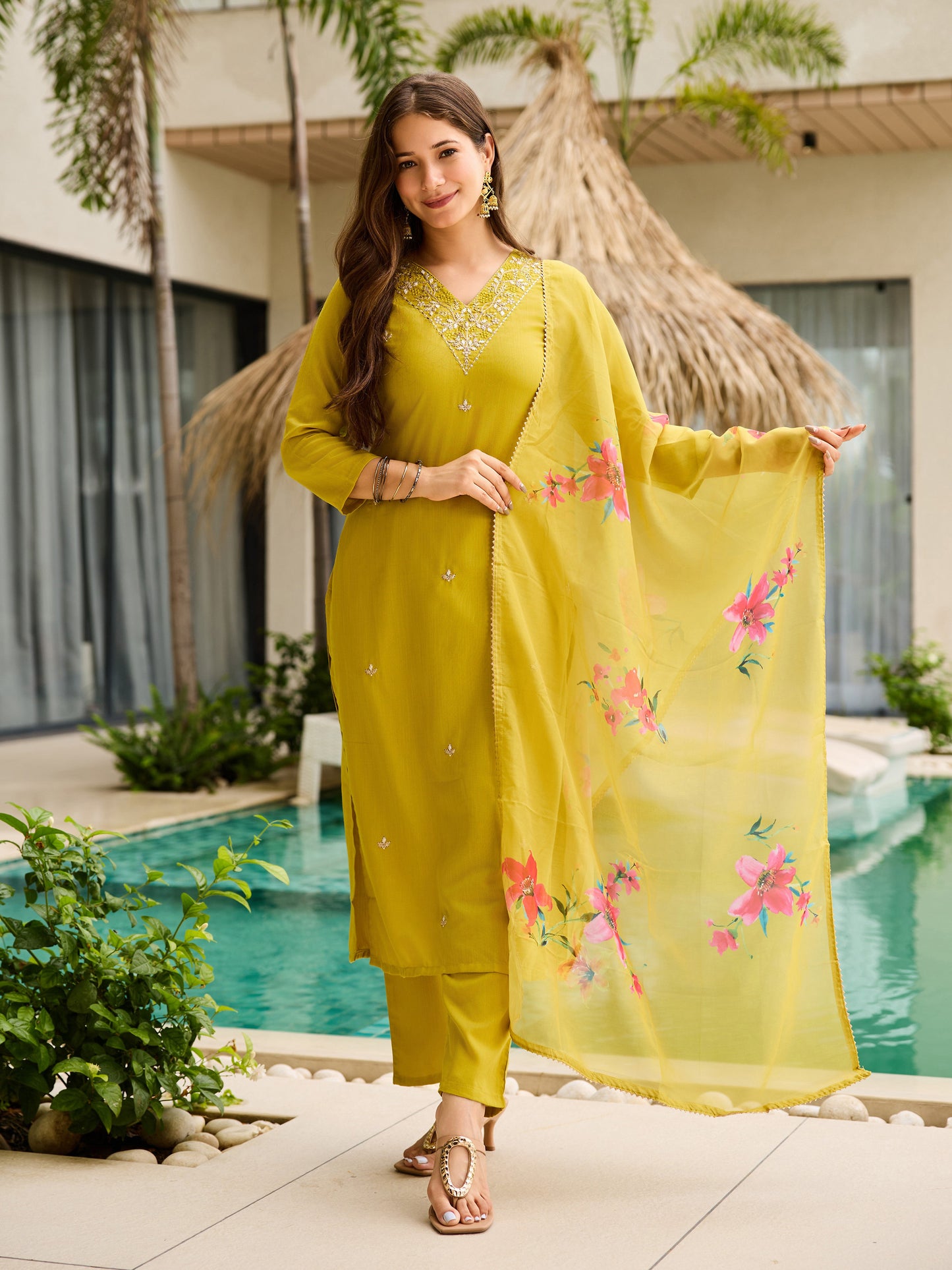 Very Alluring Rayon Slub Embroidery Suit Set