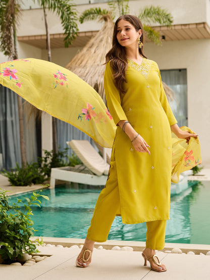 Very Alluring Rayon Slub Embroidery Suit Set