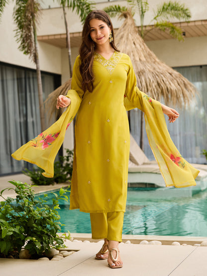 Very Alluring Rayon Slub Embroidery Suit Set