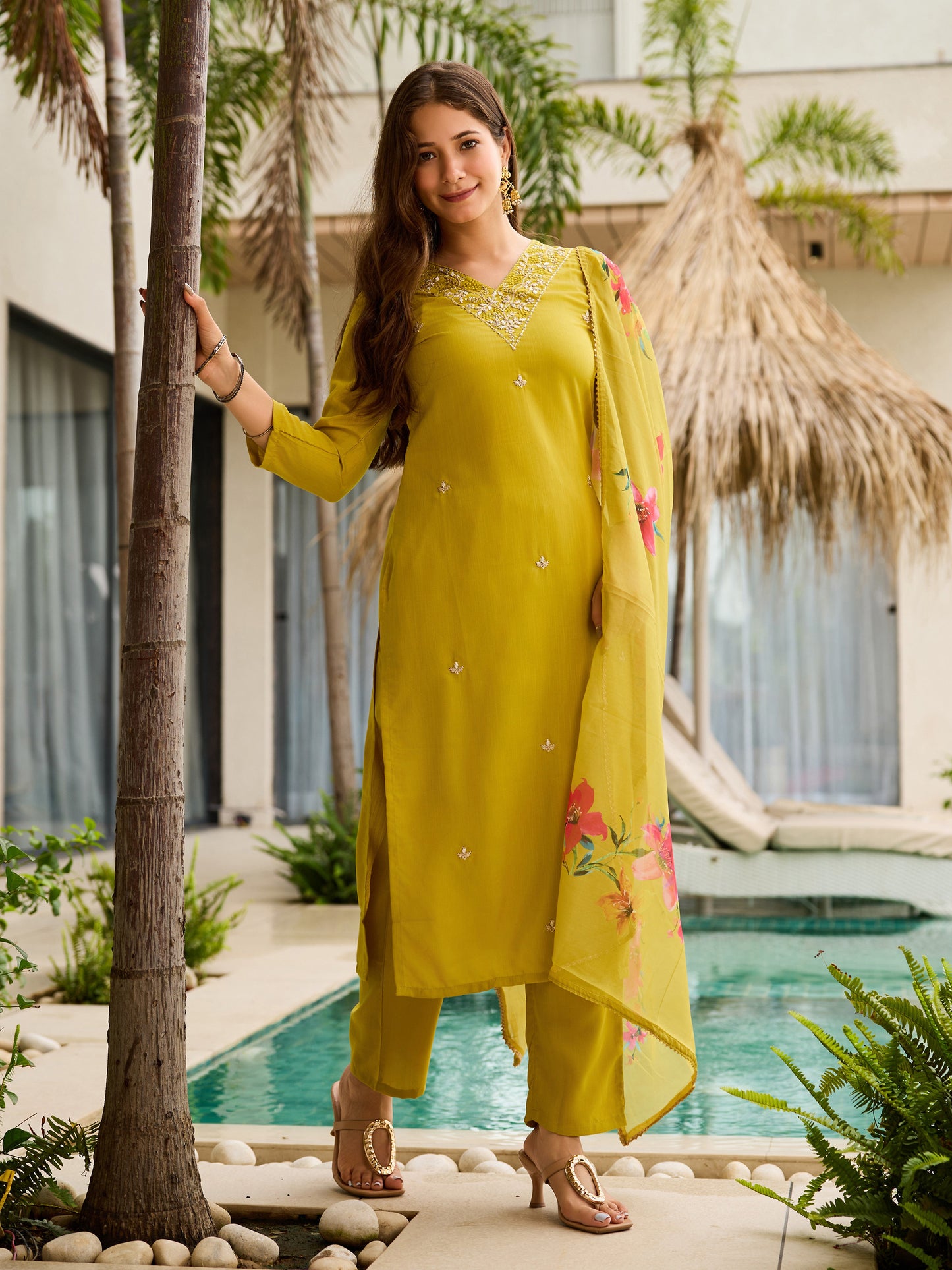 Very Alluring Rayon Slub Embroidery Suit Set