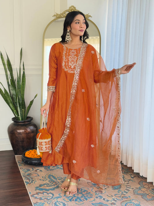 Moiety Orange Vichitra Silk Embroidery Suit Set
