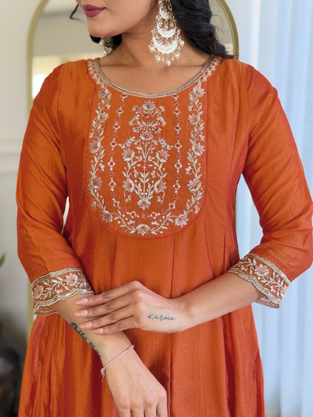 Moiety Orange Vichitra Silk Embroidery Suit Set