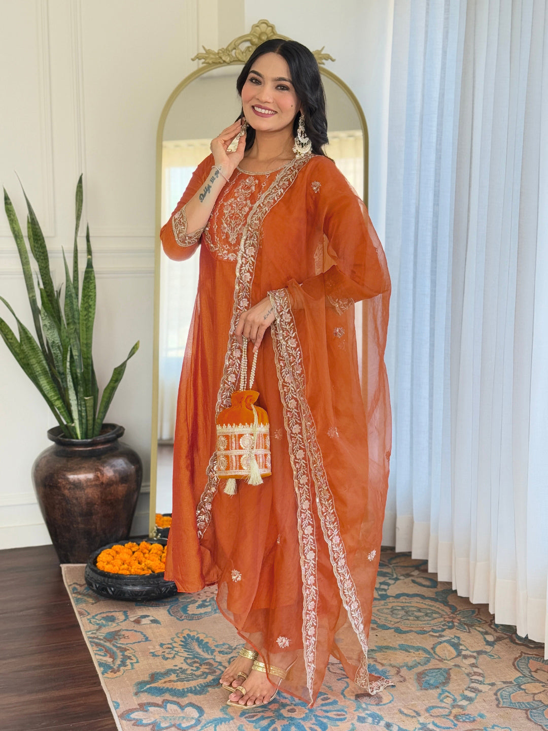 Moiety Orange Vichitra Silk Embroidery Suit Set
