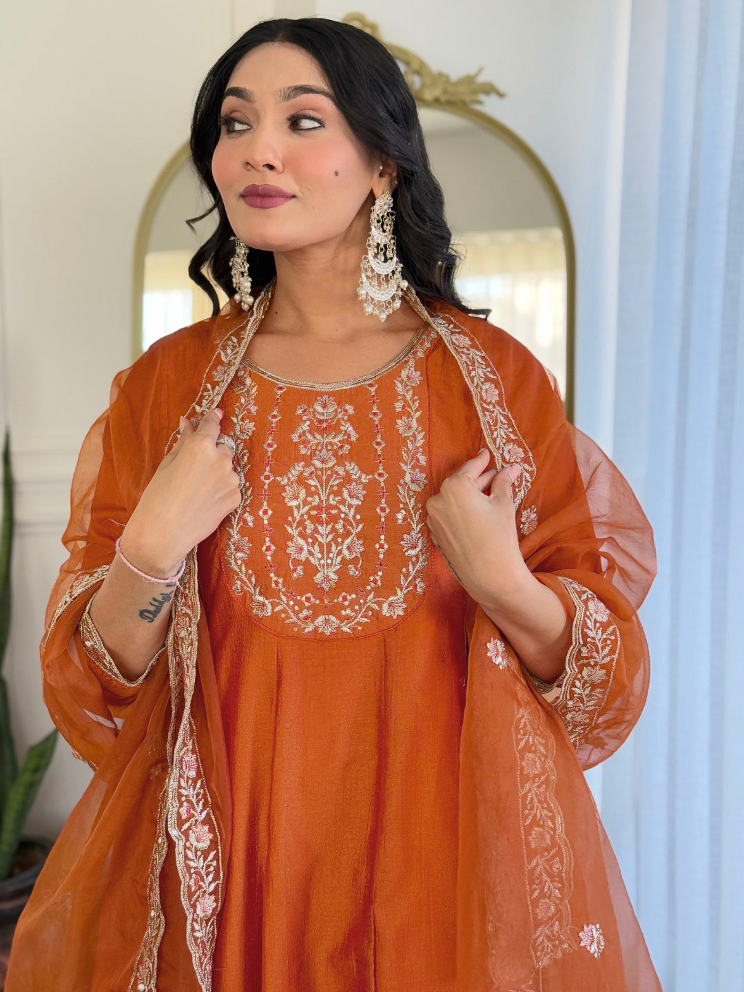 Moiety Orange Vichitra Silk Embroidery Suit Set